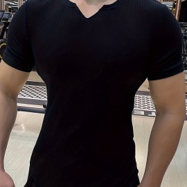Men's Stylish Solid Shirt, Casual Breathable V Neck Short Sleeve Tee Top For City Walk Street Hanging Outdoor Activities