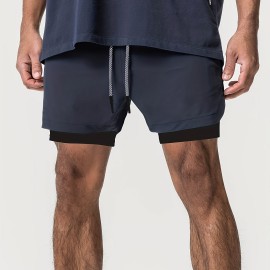 2-in-1 Double Layer Shorts With Inner Zipper Pocket, Men's High Stretch Sports Shorts For Summer Gym Workout Training