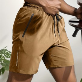 Quick Drying Comfy Active Shorts, Men's Casual Zipper Pockets Stretch Waist Drawstring Shorts For Summer Gym Workout Training