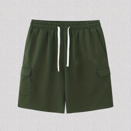 Classic Design Cargo Shorts, Men's Casual Multi Pocket Solid Color Waist Drawstring Cargo Shorts For Summer Outdoor