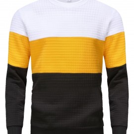 Three Color Block  Trendy Sweatshirt, Men's Casual Classic Design Crew Neck Pullover Sweatshirt For Men Fall Winter