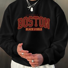 BOSTON Print Fashionable Men's Casual Long Sleeve Crew Neck Pullover Sweatshirt,Suitable For Outdoor Sports,For Autumn Spring,Can Be Paired With Hip-hop Necklace,As Gifts